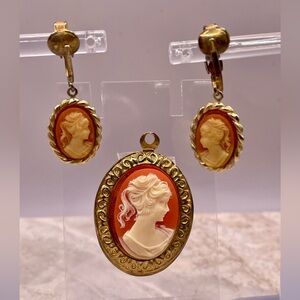 Vintage Gold & Orange Oval Clip On Cameo Dangle Earrings and Pendant. Victorian